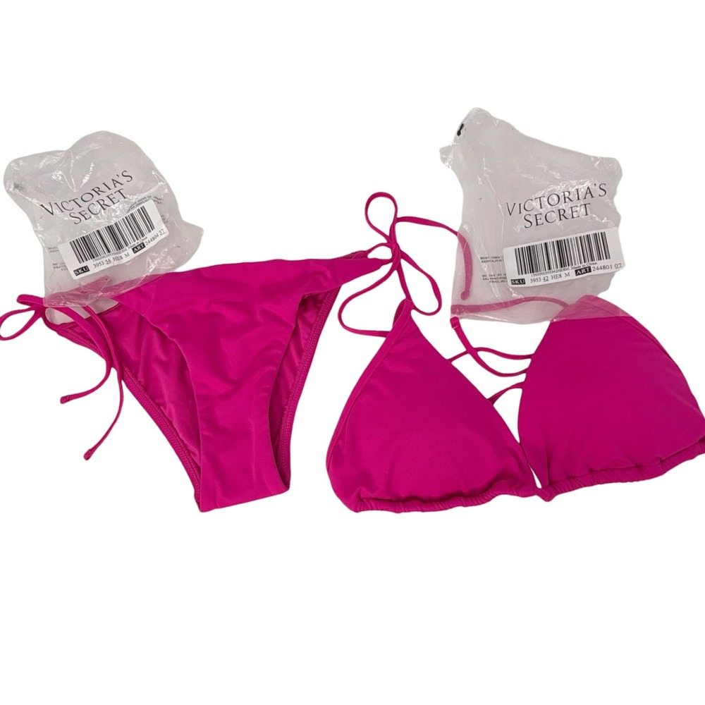 Victoria's Secret Bikini Set M Hot Pink Triangle Top Tie Side Bottom NWT